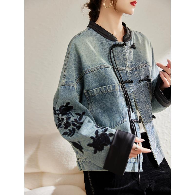 Spring Shirt Denim Coat Blouse Casual Long Sleeve Shirt Women Shirt Loose Leaf Embroidery Ladys Tops