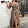 Women's Fashion Summer Spring Solid Color Print Long Sleeve V-Neck High Waist Casual Dresses