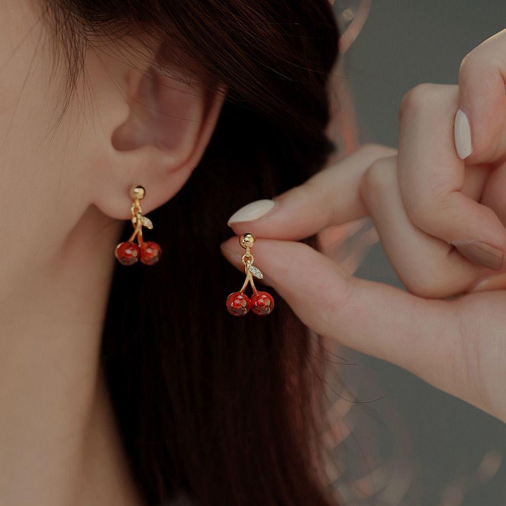 Серьги-гвоздики с сладкими фруктами и вишней, серьги-подвески с листьями растений и красной вишней, ювелирные изделия в подарок