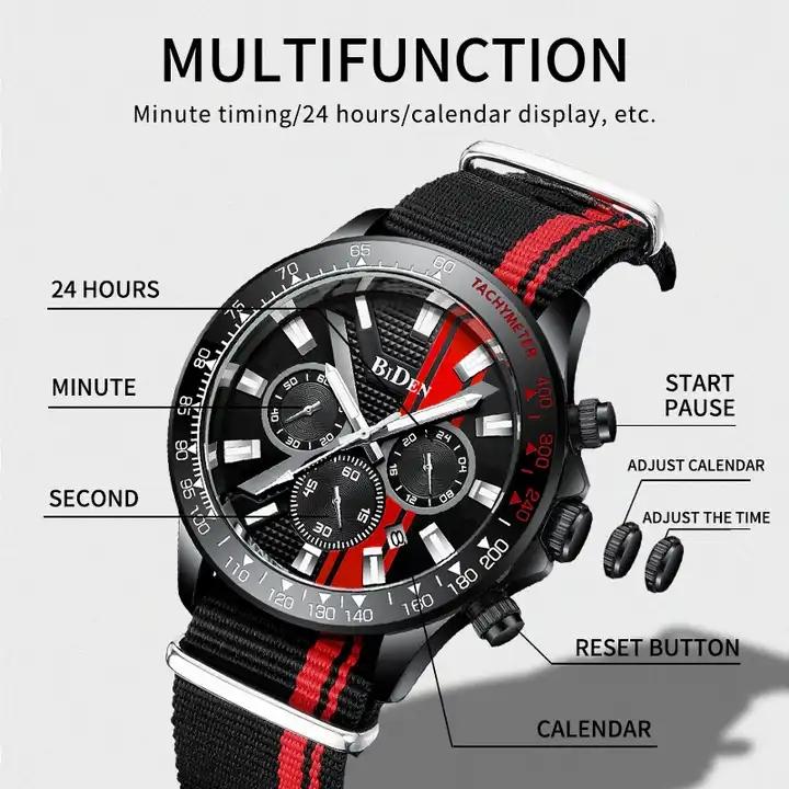 BIDEN 0247 Men Multifunction Watch High Quality Nylon Band Waterproof Luminous Calendar Chronograph Sport Men Quartz Watches