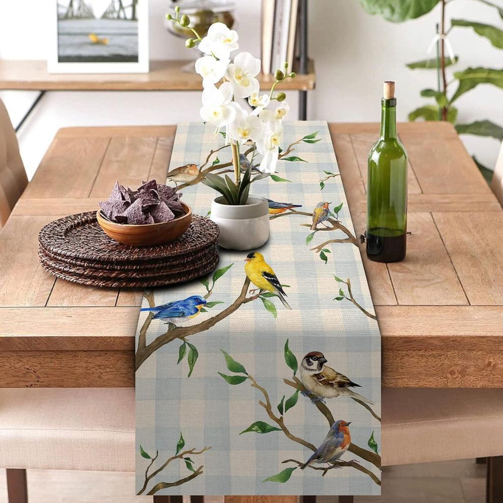 Seliem Spring Birds Tree Branches Table Runner, Buffalo Plaid Check Bluebird Robin Goldfinch Chickadee Home Kitchen Dining Decor, Summer Seasonal
