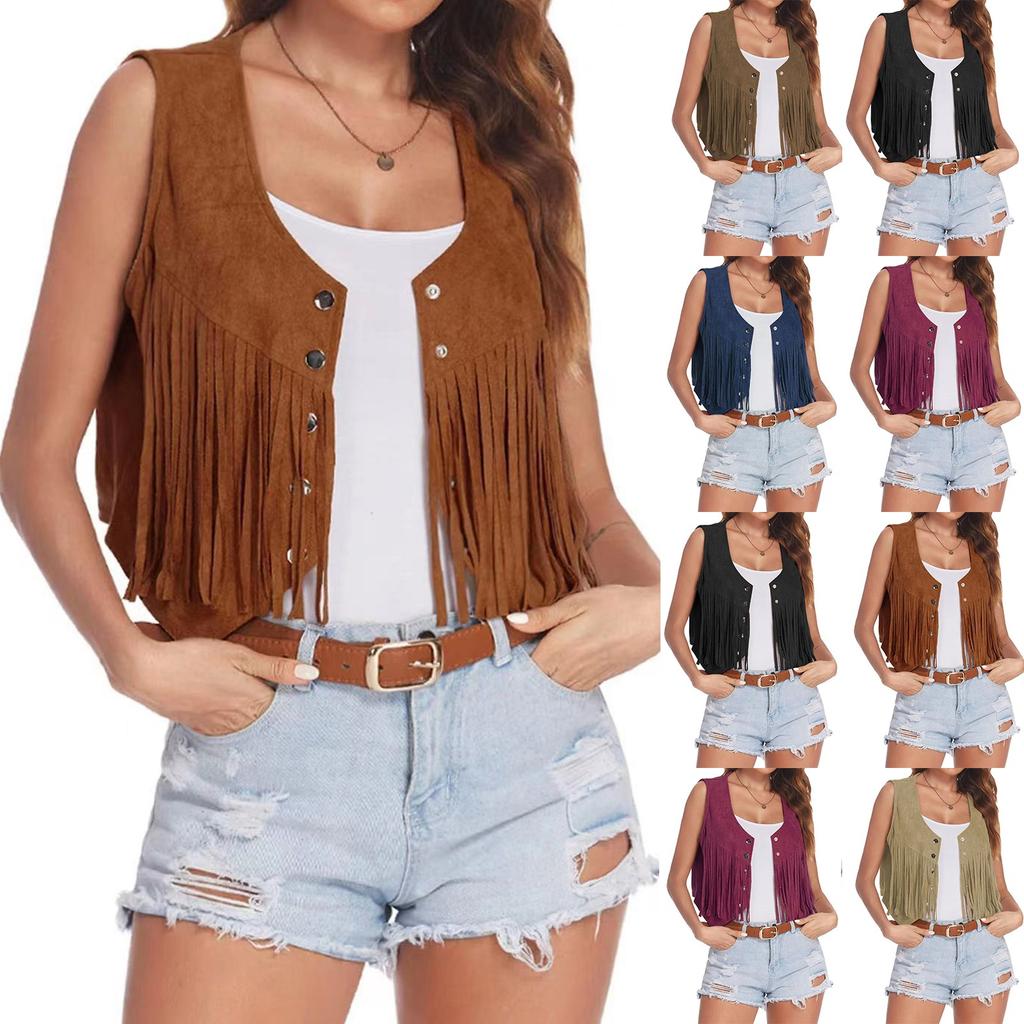 Women's Fashion Suede Buttonless Mid-Length Vest Solid Colour Vest Jacket
