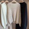 Женский свитер с круглым вырезом из чистой шерсти в корейском стиле - Осенне-зимний ленивый нежный трикотаж