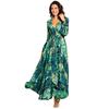 Summer new European and American lantern sleeves sexy deep V print, dress green leaf long dress