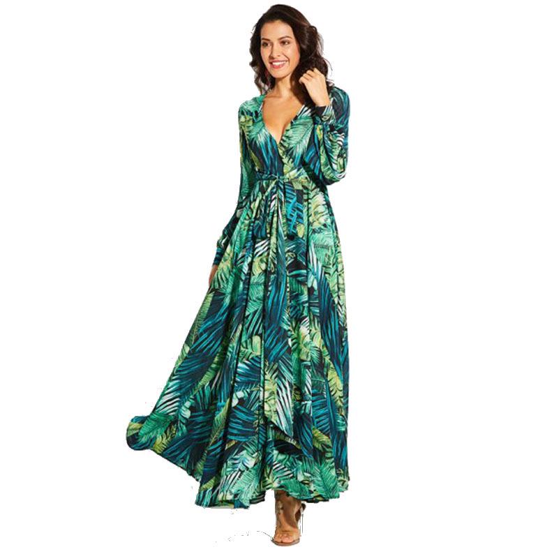 Summer new European and American lantern sleeves sexy deep V print, dress green leaf long dress