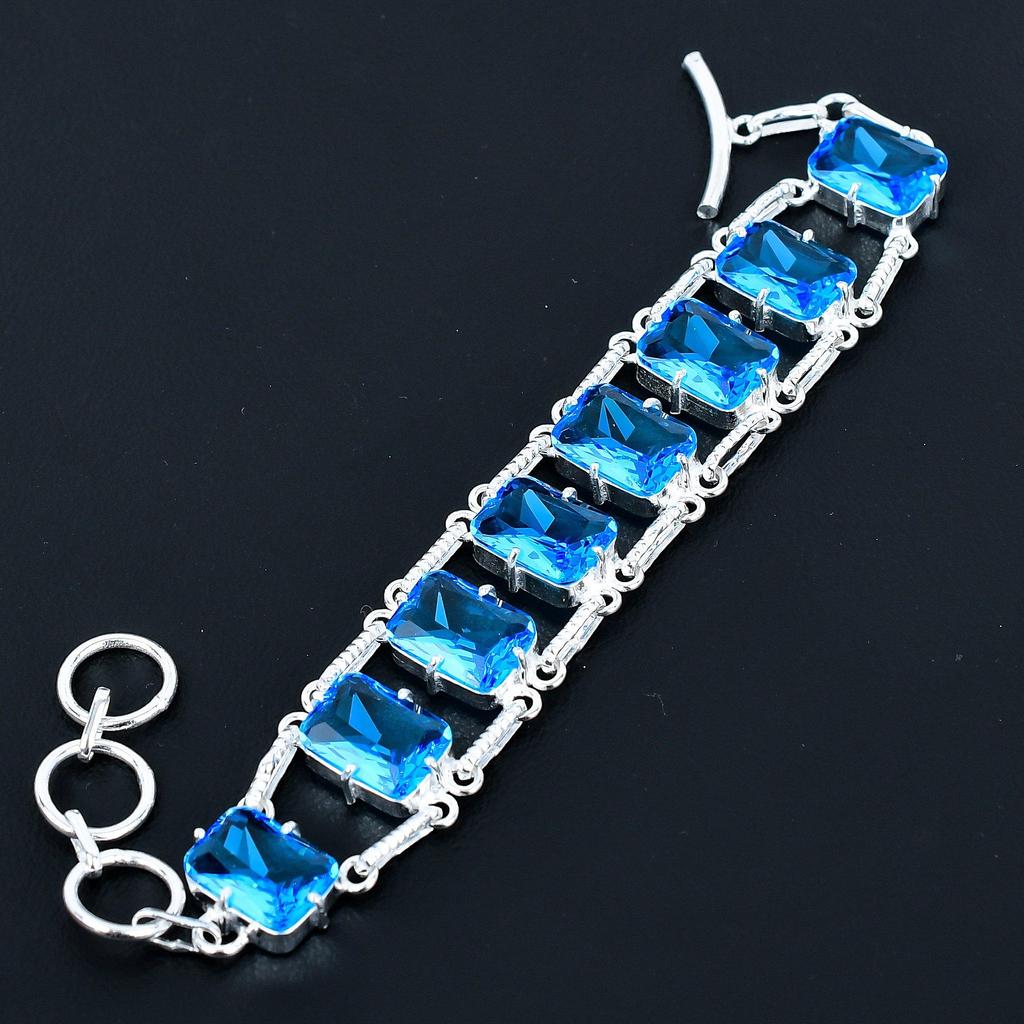 Браслет из граненого голубого топаза, ювелирное изделие из стерлингового серебра 925 пробы, браслет с регулируемой цепочкой, драгоценный камень в форме подушки, украшение ручной работы, подарок для нее