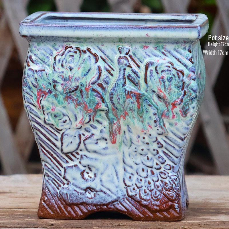 Yixing Handmade Square Mouth Coarse Pottery Planter - Large Succulent Flower Pot with Old Branch Design and Jade Pendant.