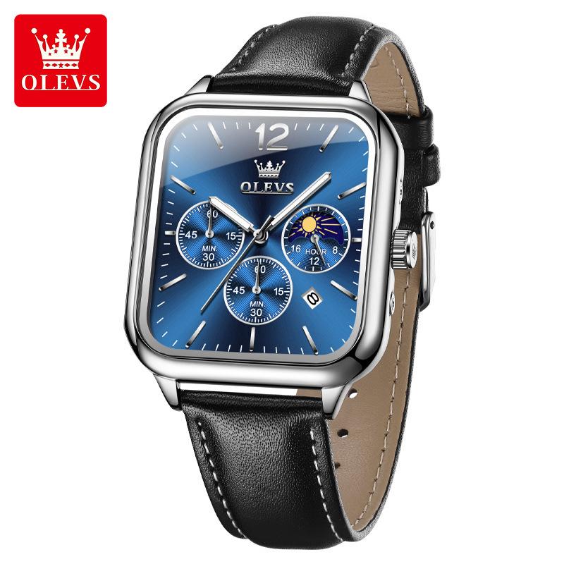 Square Quartz Men's Watch Three Eye Timer Moon Phase Automatic Date Waterproof Luminous Sports Watch