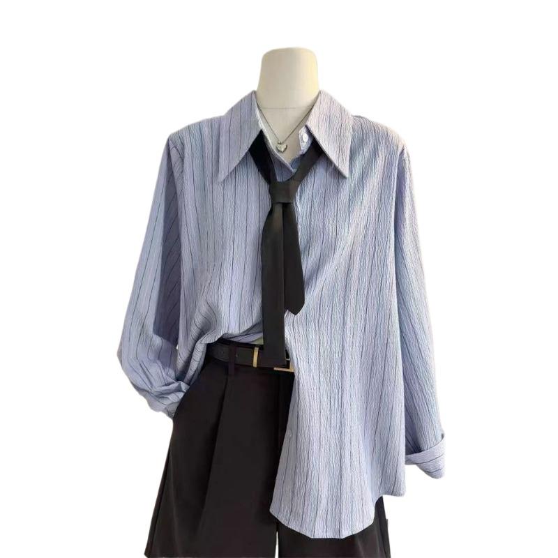 Women's Textured Shirt Striped Turndown Collar Button Up Shirts Paired with Tie Loose Vintage Famale Long Sleeved Top