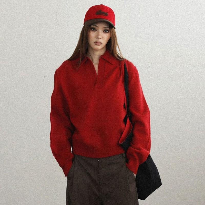 Korean Badblood BCAC Series Women's Red Polo Collar Sweater - Casual Loose Knitwear