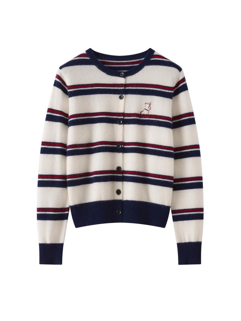 Korean Style Cashmere Puppy Embroidery Striped Crew Neck Sweater Coat for Women - Autumn/Winter Loose Knit Cardigan
