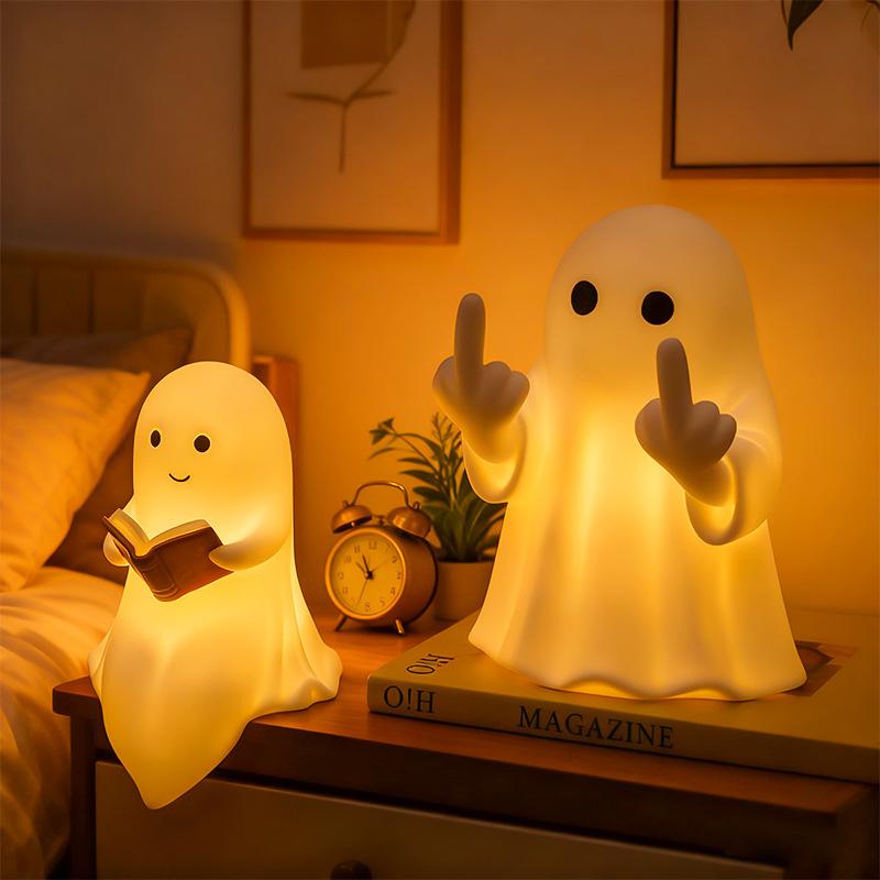 Cute Ghost Reading Book Lamp Halloween Night Light for Bedroom Study Room Spooky Decor Desk Ornament Glowing Ghost Figurine