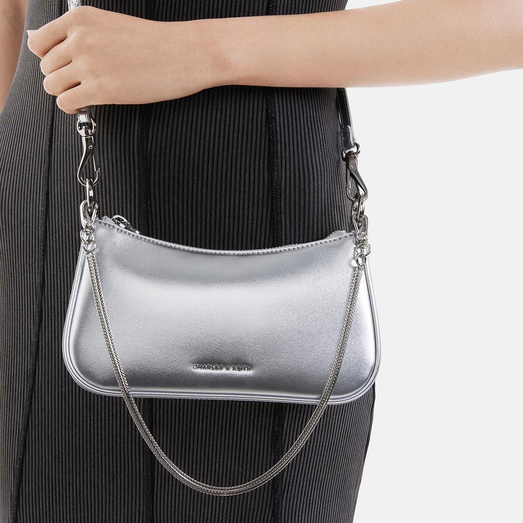 Charles & Keith Small CK Zipper Closure Synthetic Leather Shoulder Crossbody Tote Bag Women bags Black Silver Gold CK2-80151362-A