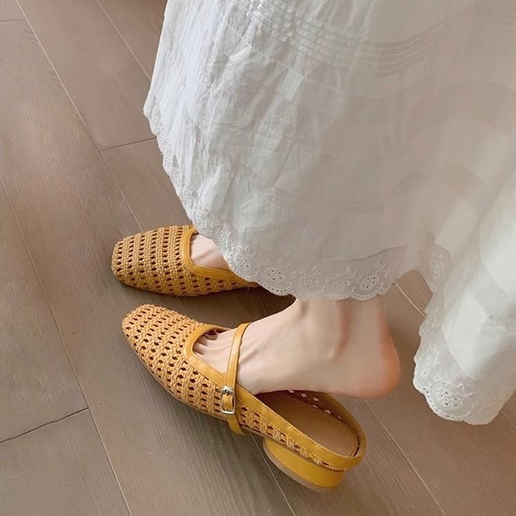 Soft Leather Version~ Hollow Bag Head Half Slippers Women's 2025 Summer Outer Wear Casual Woven Cool Slippers Beach Sandals