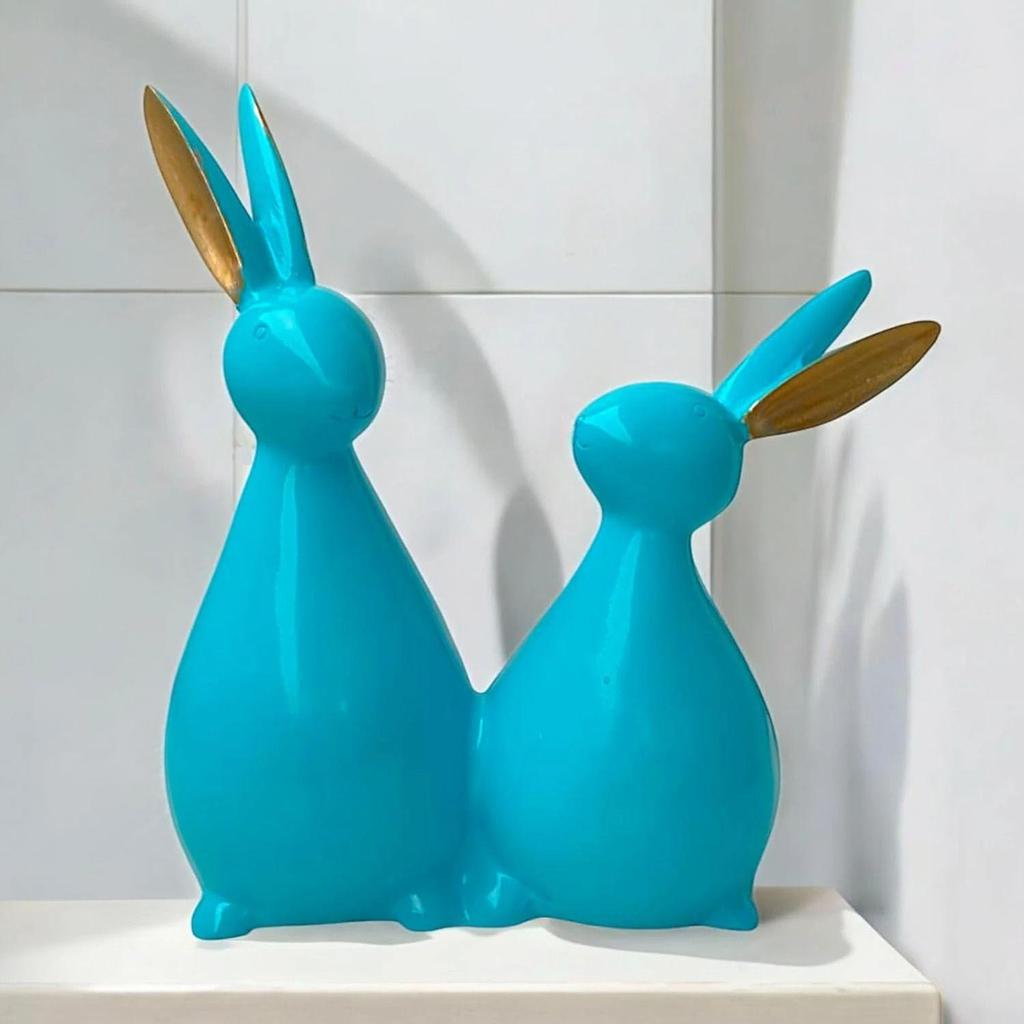 Пара кроликов/кроликов, украшение для домашнего декора гостиной - статуэтка для украшения офисного стола - декоративная фигурка из полирезины (20,3 см, цвет морской волны)