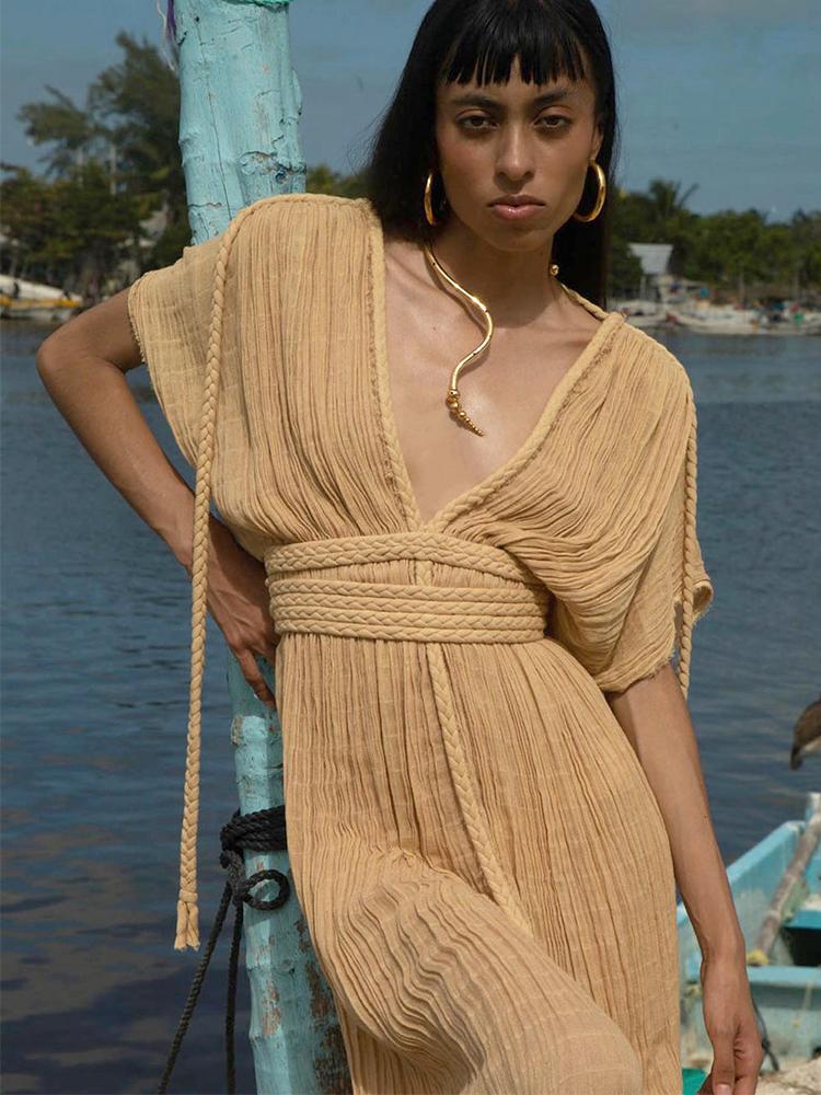 EDOLYNSA Элегантное женское платье знаменитостей с глубоким V-образным вырезом, вязаное плетеное веревочное летнее вечернее платье макси, туника, пляжная одежда, купальник, накидка A2848