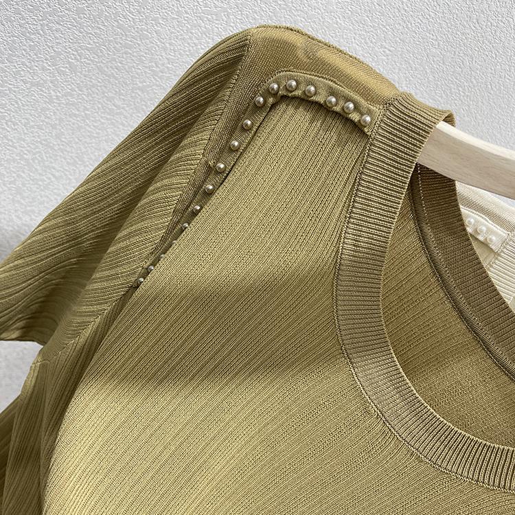 Круглая горловина белая футболка с короткими рукавами модный тонкий топ с бисером для ногтей свободный однотонный вязаный свитер для женщин