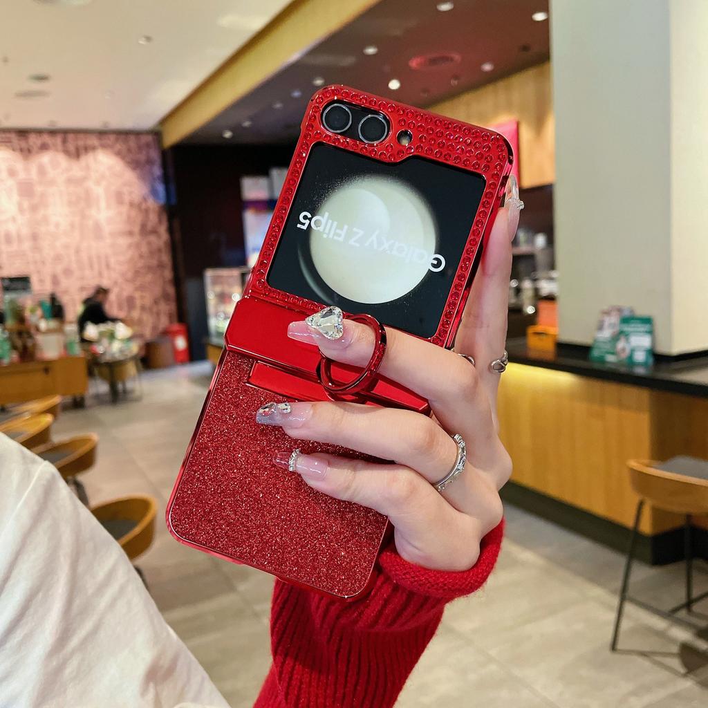 New Samsung Zflip6 Glitter Ring Holder Mobile Phone Case Suitable for Zflip5 Fashionable Women's Star Flash Diamond