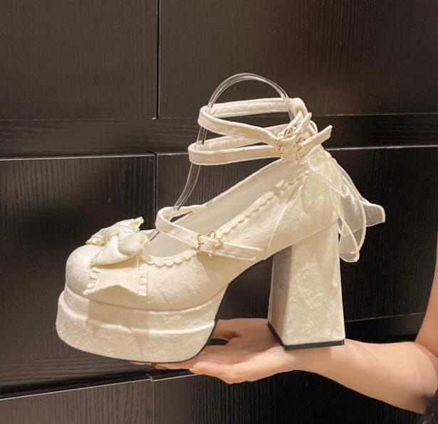 Fashion Punk Heart Buckle High Heels Pumps Women 2024 Spring Y2K Black Chunky Platform Lolita Shoes Woman Bowtie Thick Heel Gothic Shoes