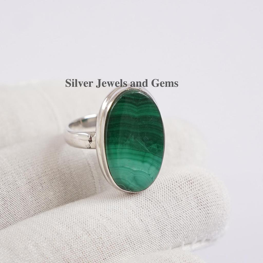 Oval Malachite Ring: Handmade 925 Sterling Silver, Taurus Birthstone