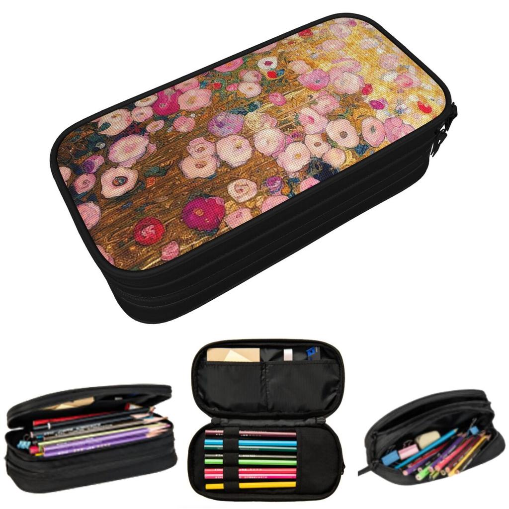 Gustav Klimt Pink Flower Garden Pencil Case for Studen School Pen Box Pencil Bag Stationery Supplies Pen Holder Bag