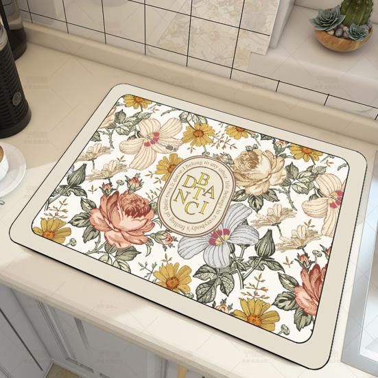 Kitchen Anti-slip Drain Mat Great Water Absorption Capacity Double-sided Washable Floral Printing Anti-skid Bottom Keep Clean Kitchen Dish Drying Mat