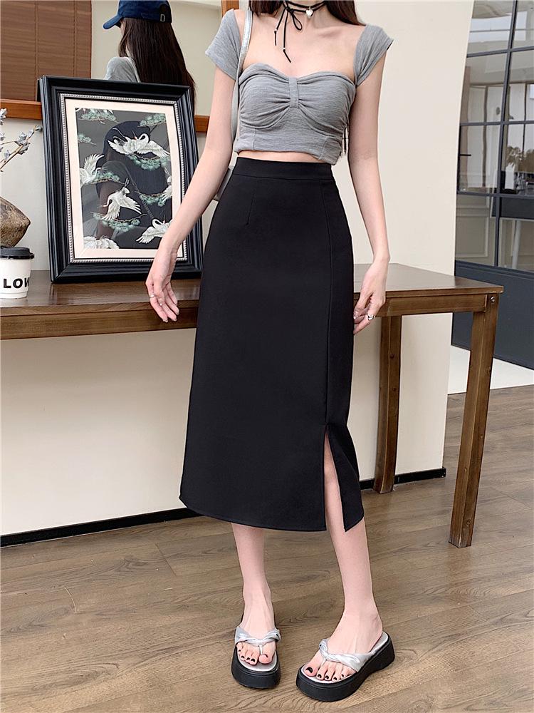 Лето 2024 Юбка миди А-силуэта с разрезом и высокой посадкой большого размера - Слегка зрелый стиль