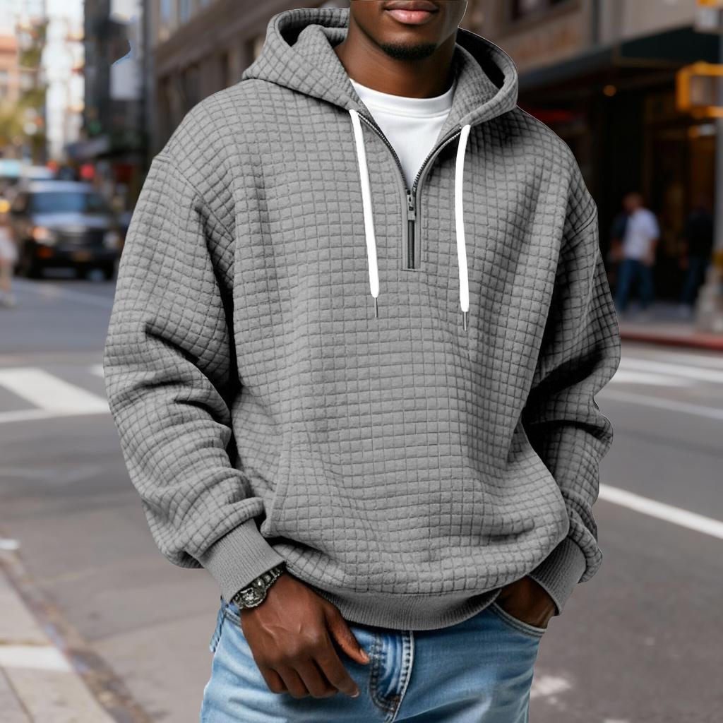 Мужской худи-пуловер в клетку с капюшоном на молнии до середины, со шнурком, повседневная спортивная толстовка