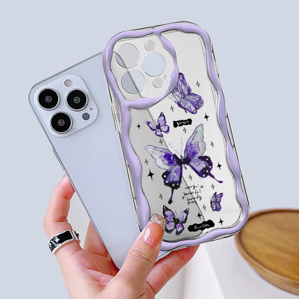 Модный чехол для телефона с бабочкой для iPhone 15, 14, 13, 12, 11, Samsung Galaxy A52, Xiaomi Redmi 14, 13C, кремовый текстурированный корпус, мягкий чехол с волнистыми краями