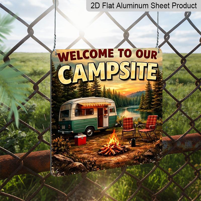 2D Flat, 1pc Vintage Metal Camp Sign - Rustic "Welcome To Our Campsite" Wall Decor Plaque Suitable for Outdoor Use, Cabin, RV, Entrance - Camping