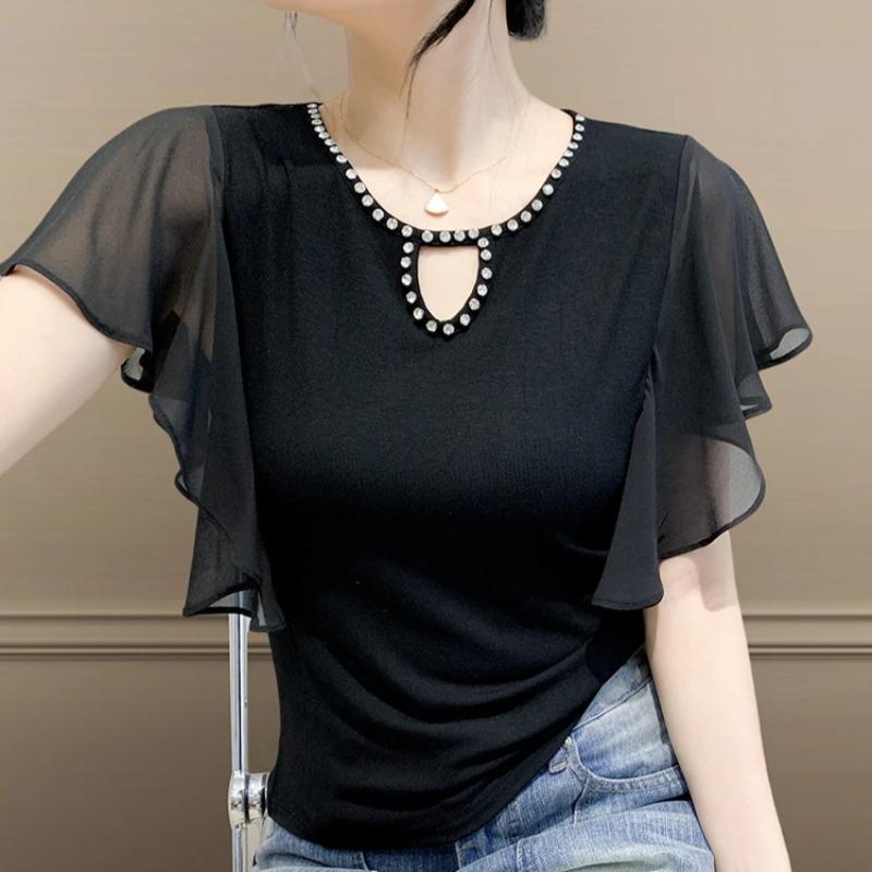 Summer Women's European T-Shirt Sexy O-Neck Hollow Out Hot Diamonds Design Tops Ladies Chic Short Sleeve Slim Tees