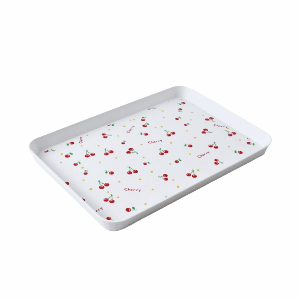 Cherry Pattern Rectangular Storage Tray Stackable Lightweight Plastic Dessert Tray Durable Anti-Slip Serving Tray