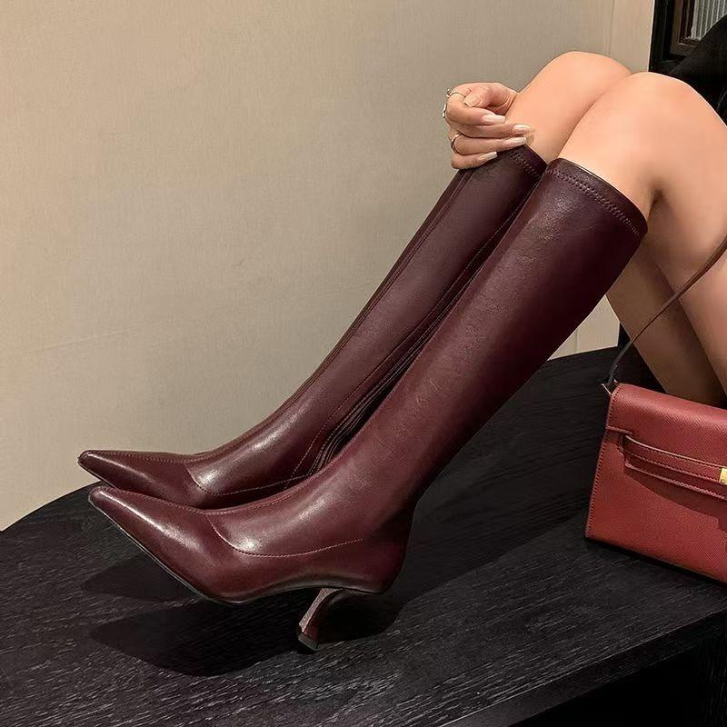 Модные черные ботфорты на тонком каблуке 7 см для женщин, с боковой молнией, с острым носком, на высоком каблуке, женская модная осенняя обувь, женские ботинки