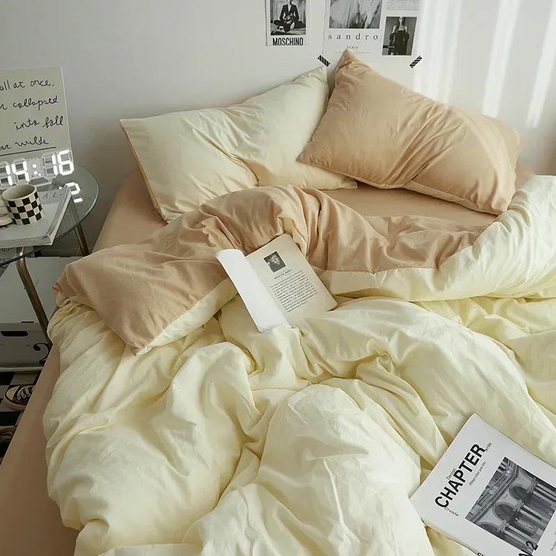 High Quality Solid Color Double Washed Cotton Bedding 4 Pieces Set Student Dormitory Bed Linen Duvet Set Bed Suit