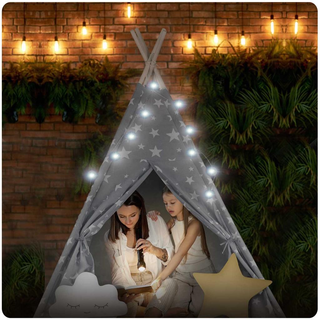 Nukido Children's Teepee Tent With Lights - Gray With Stars