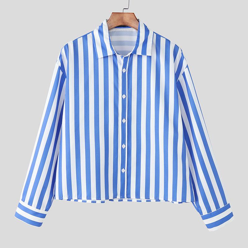 INCERUN Plus Size Men Casual Lapel Neck Long Sleeve Striped Loose Office Shirts