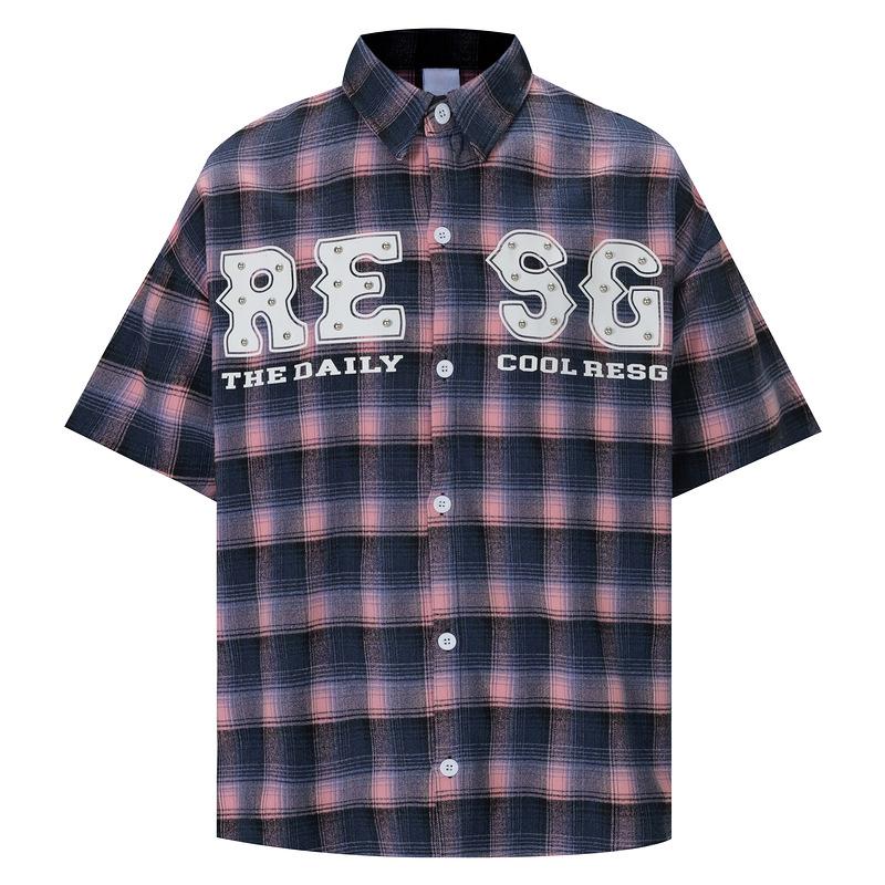 American retro beaded plaid short-sleeved shirt for men and women of the same style, loose summer trend, couple design pearl shirt