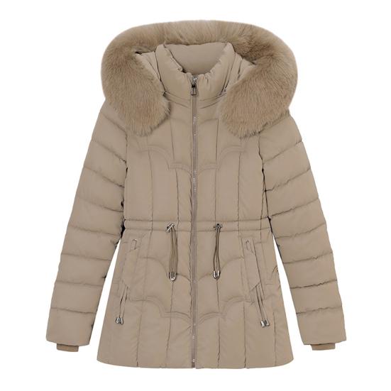 Winter Women Jacket Padded Windproof Cold-proof Zipper Closure Outerwear with Detachable Hood Stand Collar Neck Protection Drawstring Waist Jacket