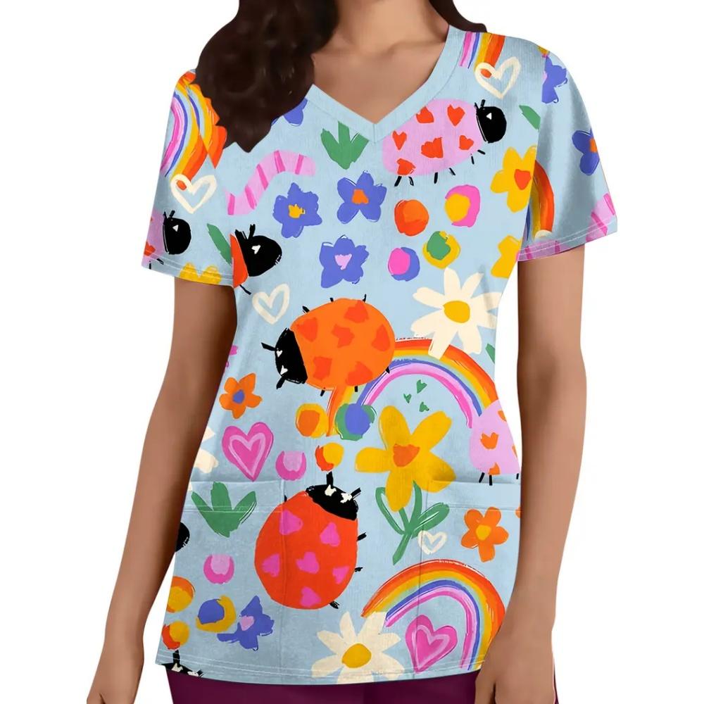 Women's Medical Uniforms Animal Cartoon Pattern Tee Fashion Patch Pocket Short Sleeve Tops Casual V-Neck Vet Nurse Uniform Woman