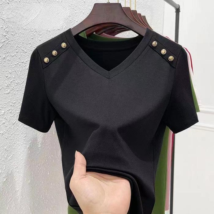 Женская футболка свободного кроя белого цвета с V-образным вырезом — корейский стиль, короткие рукава, чистый хлопок, модная и универсальная для лета 2024 года.