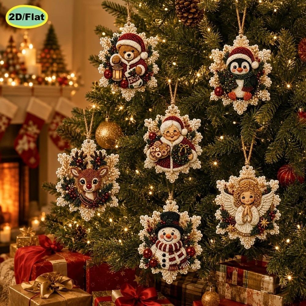 6pcs DIY Craft Wooden Christmas Ornaments 2D Flat Wooden Tag Pendants Rearview Mirror Accessories