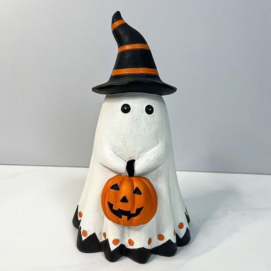 Хэллоуин Статуэтка Привидения Маленькое Белое Привидение с Тыквой Милая Фигурка Привидения из Смолы Настольное Украшение для Внутреннего/Наружного Хэллоуинского Декора