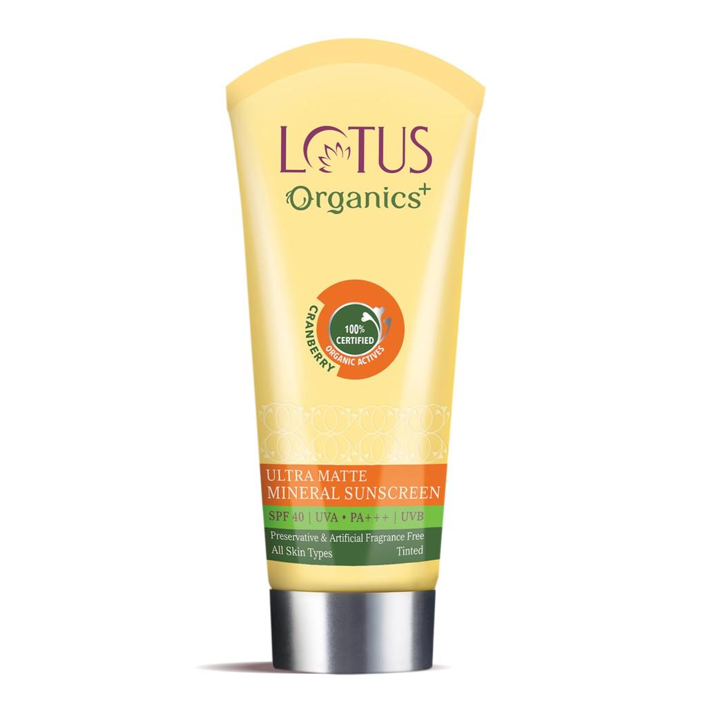 Lotus Organics+ Ультраматовый минеральный солнцезащитный крем | SPF 40 PA+++ | 100% сертифицированная органическая клюква | Водостойкий и устойчивый к поту | Для жирной, сухой, нормальной кожи