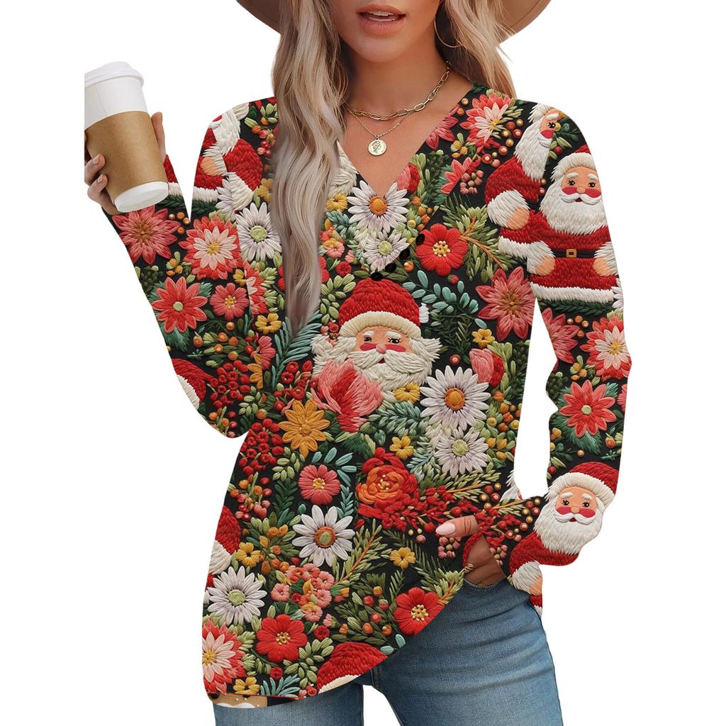 Women's Fashion Casual V-neck Pleated Christmas Long Sleeve Top