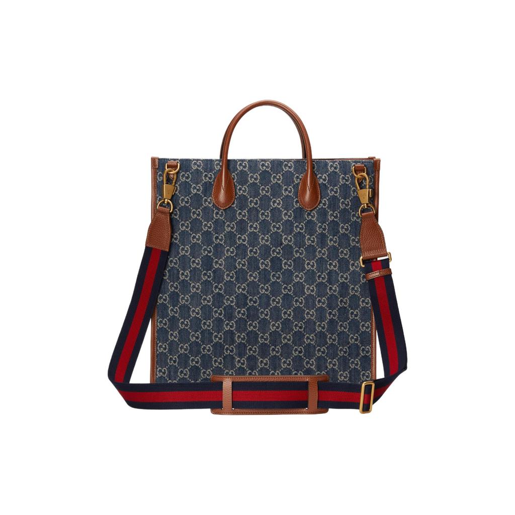 Gucci Сумка-тоут унисекс из синего денима с монограммой и переплетающимся логотипом Double G, большая, вертикальная 674155-2KQQT-8391