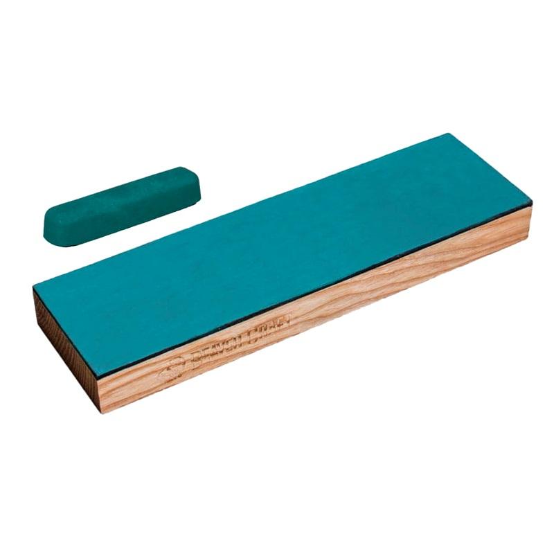Single-sided cowhide polisher with a wooden shaft, seasoned with polishing paste, complete with Beaver Craft Ls4 green polishing paste