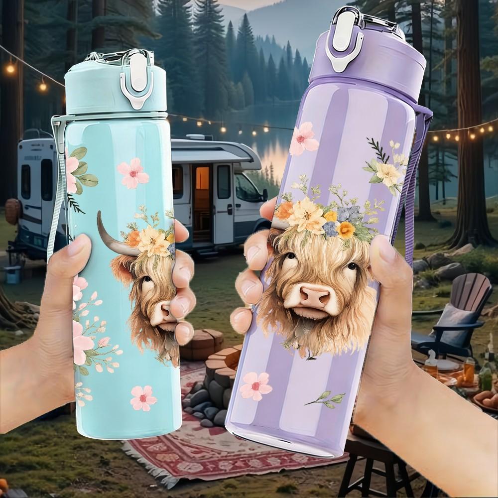1PC Highland Cow Flower Wreath Print 750ml Color Plastic Sports Water Bottle Leakproof Flip Straw Lid Suitable for Sports Office Home Use
