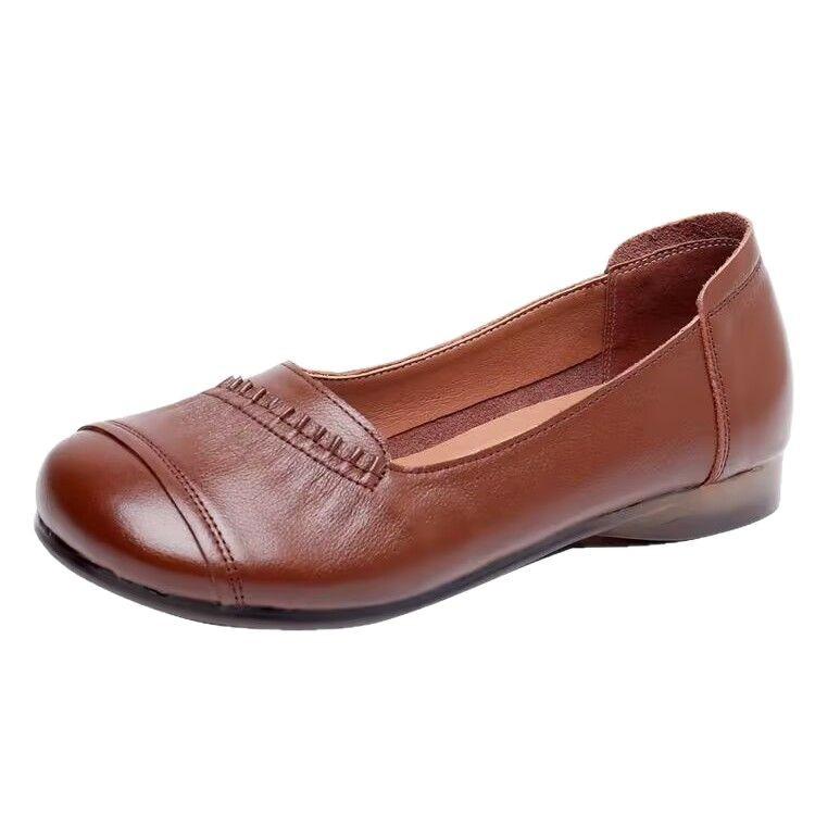 Мягкие кожаные туфли для мам на весну и осень, повседневные туфли на плоской подошве для среднего и пожилого возраста, легкие и универсальные, нескользящие, из говяжьих сухожилий, поэтому