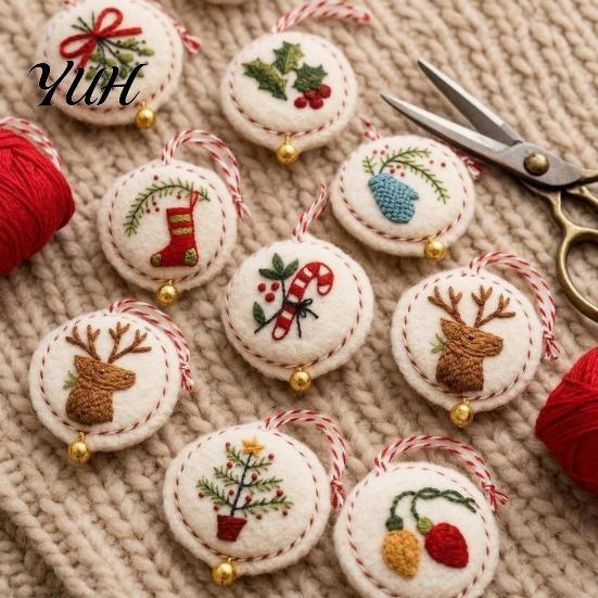 Handmade Christmas Tree Decorations DIY Embroidery Ornament Kit, Hand Sewing Yarn Craft Parent Child Creative Activities Felt Hanging Set for
