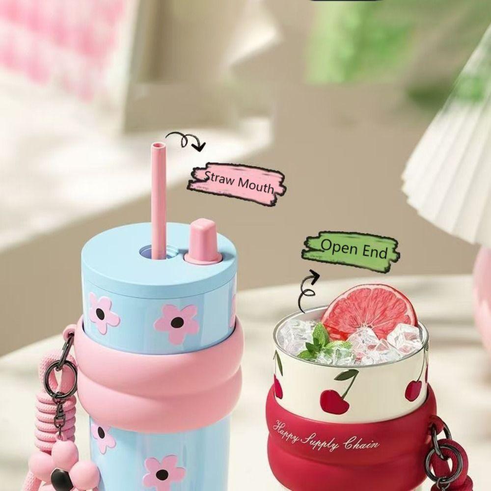 710ML Stainless Steel Cup Bow Cherry Flower Print Insulated Cup High-capacity Cup Boys and Girls